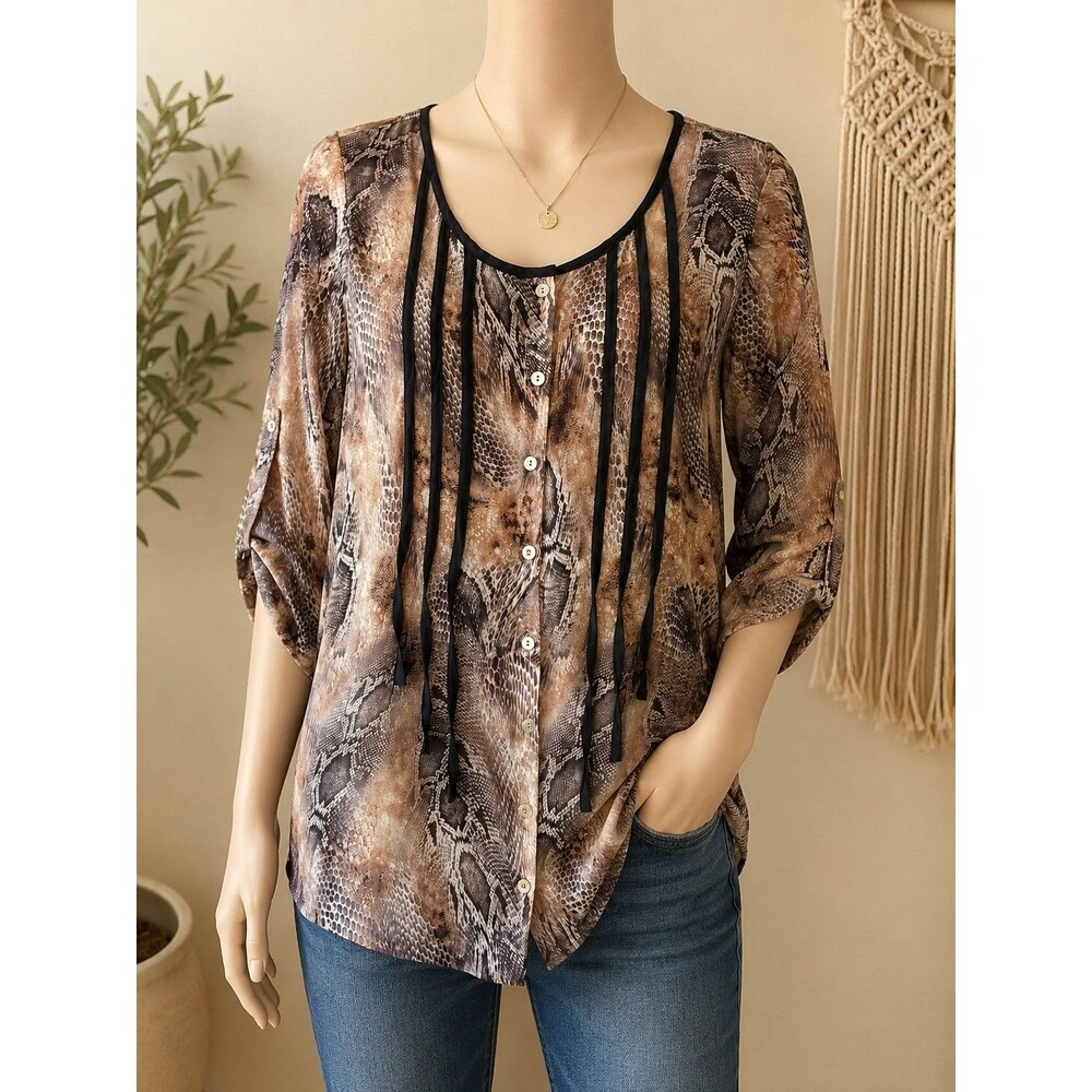 Brown Snakeskin Print Tunic Blouse Roll Tab Sleeve Small